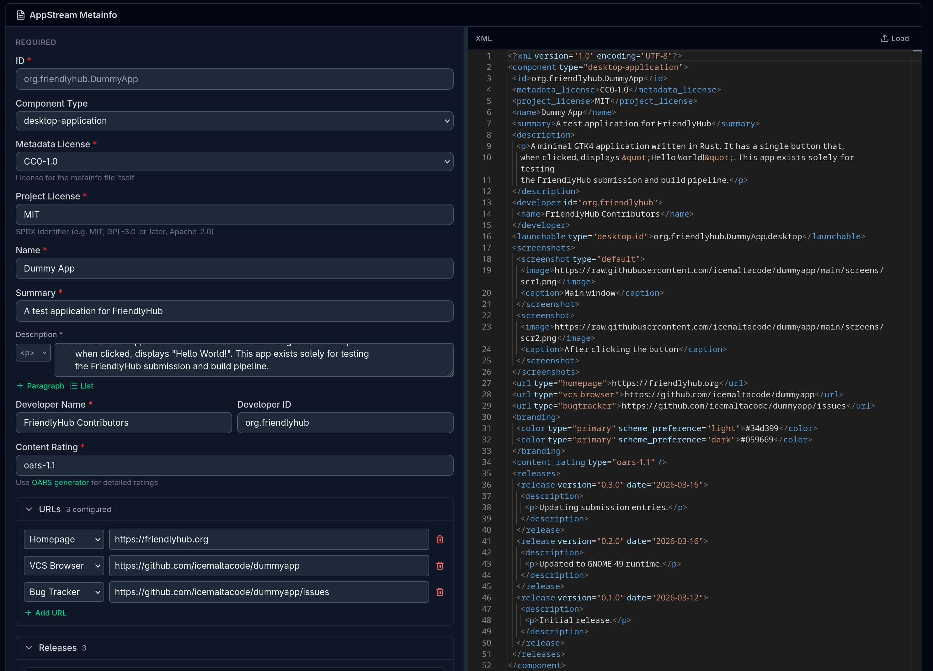 Interactive UI for submitting app metadata